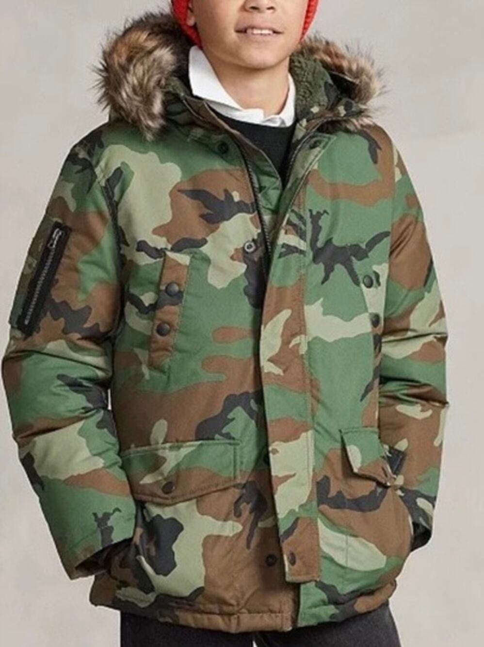 Polo Ralph Lauren Down Jacket Boys Size XL Faux-Fur Trim Camo Parka Hooded Zip